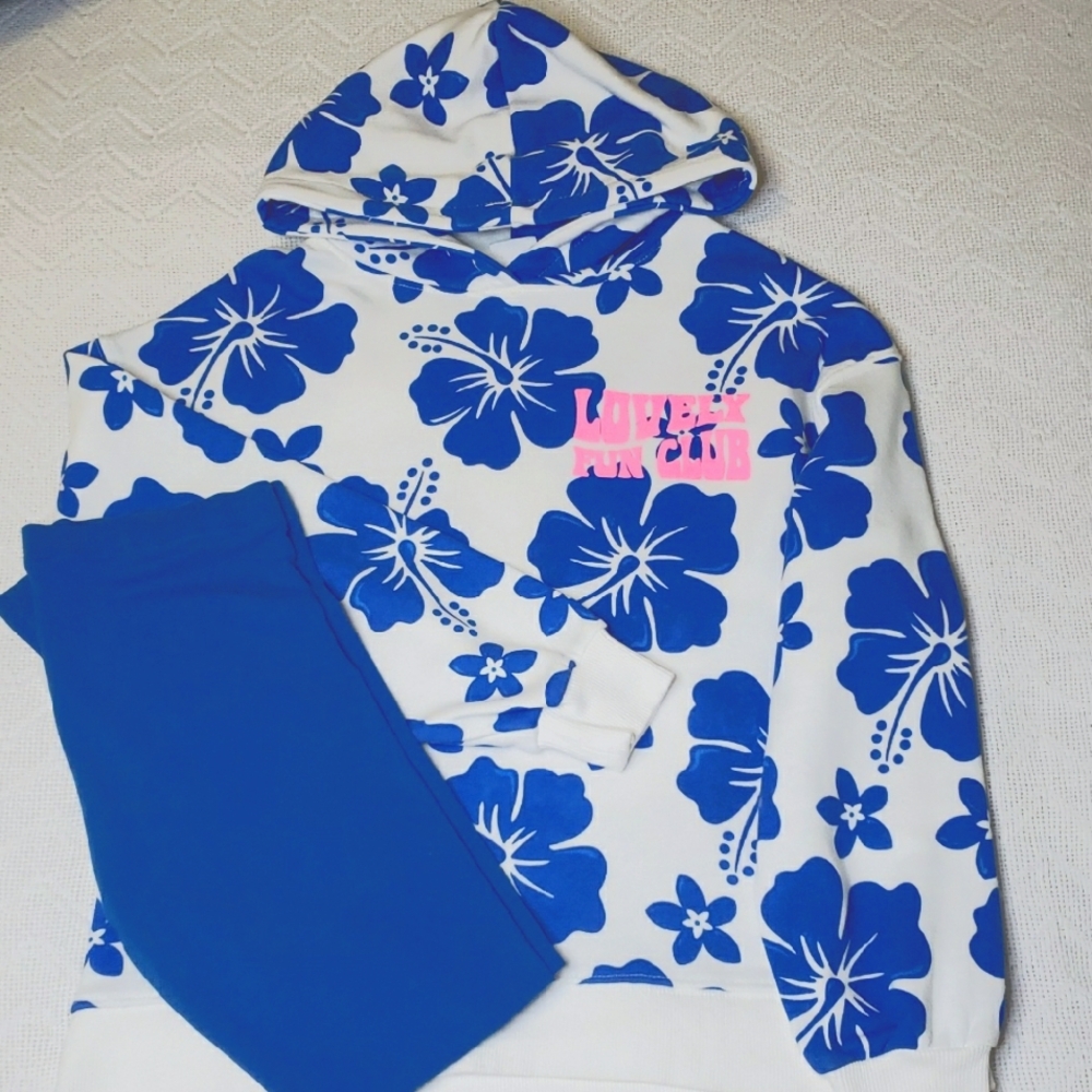 Zara Girls 11/12 Blue Hawaiian Floral Hoodie Sweatshirt Matching Set